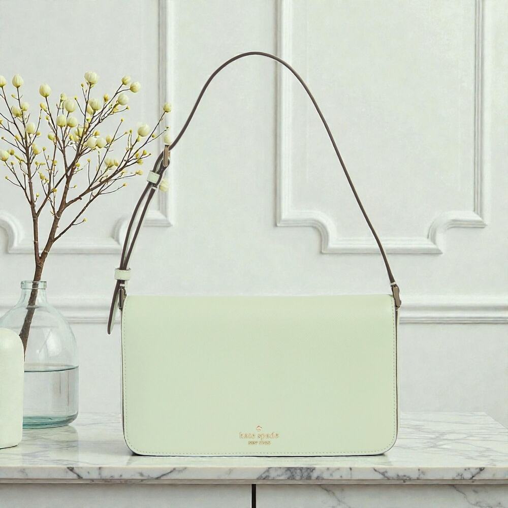 Kate Spade Staci Flap Shoulder Bag Purse in Light Olive Green Leather KF371